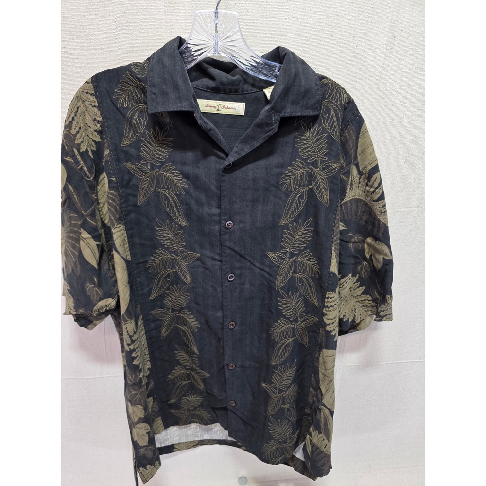 Tommy Bahama Mens Large Silk Tropical Leaf Embroidered Camp Shirt Black Khaki